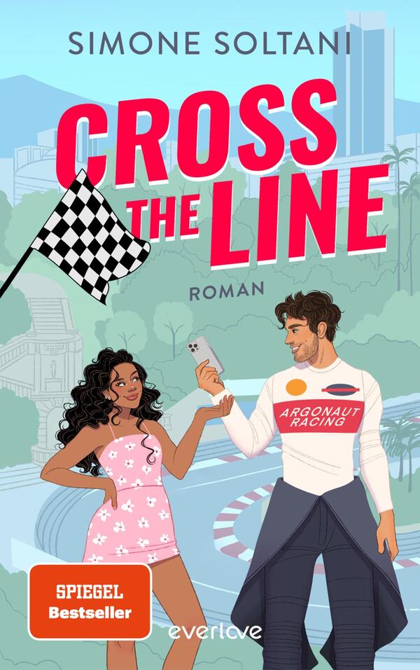 Das Buchcover zeigt zwei Personen in einem lässigen, urbanen Setting. Eine Frau mit langen, lockigen Haaren in einem pinken Kleid steht links, während ein Mann mit dunklen, kurzen Haaren und einem weißen Rennanzug rechts steht. Er hält ein Smartphone in der Hand. Im Hintergrund sind stilisierte Palmen und Gebäude zu sehen. Oben ist der Titel „CROSS the LINE“ in großen, pinken Buchstaben platziert, darunter steht „ROMAN“ in kleinerer Schrift. Ein Schachbrettmuster erinnert an das Rennumfeld.