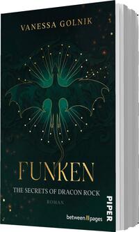 Das Buchcover zeigt eine schlichte, dunkelgrüne Hintergrundfarbe, die mit goldenen und hellblauen Akzenten versehen ist. Im Mittelpunkt befindet sich eine stilisierte Darstellung eines Drachen, bestehend aus filigranen Linien und leuchtenden Punkten, die eine geheimnisvolle Atmosphäre schaffen. Der Titel „FUNKEN“ ist in großen, goldenen Lettern prominent platziert, während der Untertitel „THE SECRETS OF DRACON ROCK“ kleiner darunter steht. Oben ist der Name der Autorin „VANESSA GOLNIK“ in einer eleganten Schriftart angebracht.