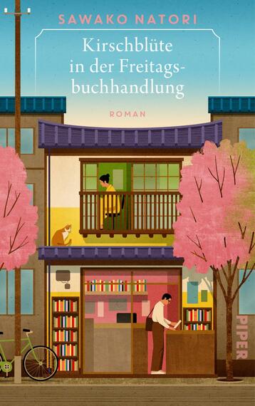 Das Buchcover zeigt eine stilisierte Buchhandlung, umgeben von rosa Kirschblüten. Im Vordergrund steht ein Mann am Verkaufstresen, während im oberen Stockwerk eine weitere Person beim Lesen zu sehen ist. Die Architektur ist hellblau, mit großen Fenstern und einer einladenden Atmosphäre. Der Titel „Kirschblüte in der Freitagbuchhandlung“ ist in eleganter Schriftart über der Buchhandlung platziert, während „Roman“ darunter in kleinerer Schrift erscheint.