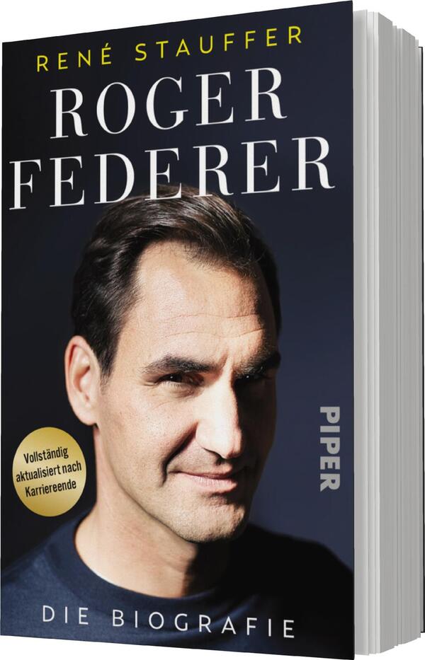 Das Buchcover zeigt ein Porträt von Roger Federer, der in die Kamera lächelt. Der Hintergrund ist in dunklen Tönen gehalten, was eine seriöse Atmosphäre schafft. Der Titel „ROGER FEDERER“ ist in großen, weißen Buchstaben oben platziert, während der Autor „René Stauffer“ in kleinerer Schrift darüber steht. In einem gelben Kreis befindet sich der Hinweis „Vollständig aktualisiert nach Karrierende“. Am unteren Rand steht der Verlag „PIPER“.