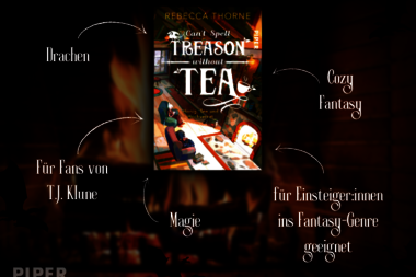Buchcover und Auflistung der Inhalte: Magie, Cozy Fantasy, Drachen, für Einsteiger:innen ins Genre, für Fans von T.J. Klune