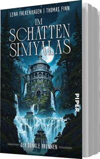 Das Buchcover zeigt eine mystische Landschaft mit einem großen, detailreich gestalteten Turm, umgeben von Wasserfällen und üppiger Vegetation. Die Farben sind überwiegend in kühlen Blau- und Grüntönen gehalten, kombiniert mit hellen Lichtern, die eine geheimnisvolle Atmosphäre schaffen. Der Titel „IM SCHATTEN SIMYALAS“ ist in großer, eleganter Schrift oben platziert, während der Untertitel „DER DUNKLE BRUNNEN“ am unteren Rand in einer kleineren Schrift erscheint. Die Autoren Lena Falkenhagen und Thomas Finn sind ebenfalls genannt.