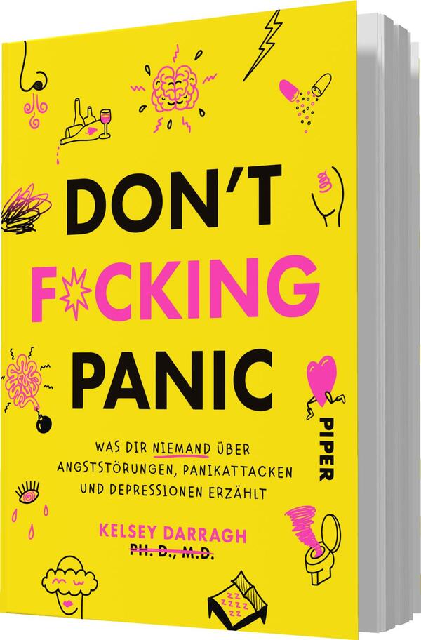 Das Buchcover zeigt einen leuchtend gelben Hintergrund. Im Vordergrund steht in großen, fetten, schwarzen Buchstaben der Titel „DON’T F*CKING PANIC“, ergänzt durch pinke Akzente. Unter dem Titel befindet sich der Untertitel „was dir niemand über Angststörungen, Panikattacken und Depressionen erzählt“. Verschiedene Illustrationen in Neonfarben, wie Blitze und Herzen, umrahmen die Schrift und verleihen dem Cover eine dynamische, jugendliche Atmosphäre. Der Autorennamen, Kelsey Darragh, ist ebenfalls prominent platziert.