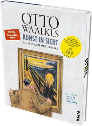 Das Buchcover zeigt eine illustration von Otto Waalkes, die eine Person darstellt, die vor einem berühmten Gemälde steht. Die Farbpalette ist vielfältig und lebhaft, mit dominierenden Gelb- und Blautönen. Der Titel „KUNST IN SICHT“ steht in großen, auffälligen Buchstaben, während der Autorennamen „OTTO WAALKES“ darüber in markanter Schrift platziert ist. Ein rotes Banner signalisiert „SPIEGEL Bestseller-Autor“. Unten befindet sich der Zusatz „mit einem Vorwort von Udo Lindenberg“.