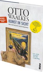 Das Buchcover zeigt eine illustration von Otto Waalkes, die eine Person darstellt, die vor einem berühmten Gemälde steht. Die Farbpalette ist vielfältig und lebhaft, mit dominierenden Gelb- und Blautönen. Der Titel „KUNST IN SICHT“ steht in großen, auffälligen Buchstaben, während der Autorennamen „OTTO WAALKES“ darüber in markanter Schrift platziert ist. Ein rotes Banner signalisiert „SPIEGEL Bestseller-Autor“. Unten befindet sich der Zusatz „mit einem Vorwort von Udo Lindenberg“.