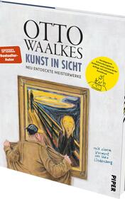 Das Buchcover zeigt eine illustration von Otto Waalkes, die eine Person darstellt, die vor einem berühmten Gemälde steht. Die Farbpalette ist vielfältig und lebhaft, mit dominierenden Gelb- und Blautönen. Der Titel „KUNST IN SICHT“ steht in großen, auffälligen Buchstaben, während der Autorennamen „OTTO WAALKES“ darüber in markanter Schrift platziert ist. Ein rotes Banner signalisiert „SPIEGEL Bestseller-Autor“. Unten befindet sich der Zusatz „mit einem Vorwort von Udo Lindenberg“.