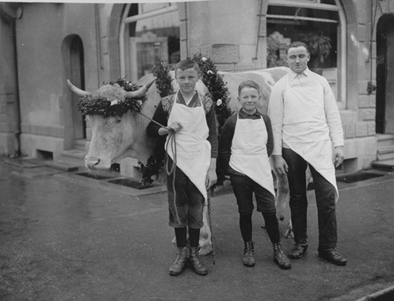 Metzgerei Denzel, Singen, Geschäftsverbindung seit 1907 mit geschmücktem Pfingstochen