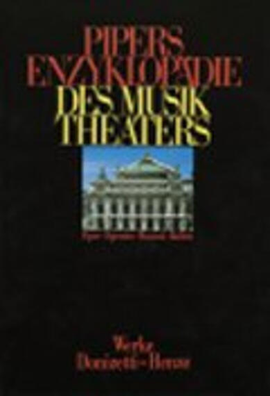 Das Buchcover zeigt einen schwarzen Hintergrund mit dem Titel „Pipers Enzyklopädie des Musiktheaters“, der in großen, gelben Buchstaben geschrieben ist. Darunter befindet sich eine Abbildung eines prachtvollen, historischen Theaters, die sich in einem Rechteck befindet. Die Schrift des Titels ist auffällig und hebt sich stark ab. Der Untertitel ist in kleinerer, fester Schrift gehalten. Die Stimmung des Covers vermittelt einen eleganten und anspruchsvollen Eindruck.
