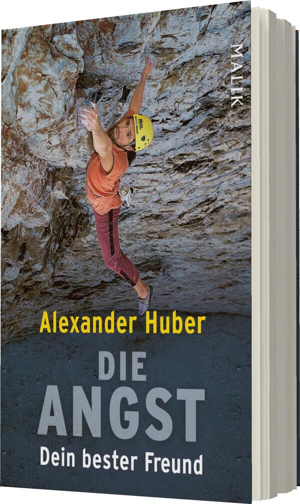 Das Buchcover zeigt einen Kletterer, der sich an einer steilen Felswand festhält. Er trägt einen orangefarbenen Shirt und einen gelben Helm. Der Hintergrund ist in Erdtönen gehalten, was die raue Textur des Felsens betont. Der Titel „DIE ANGST“ ist in großen, grauen Buchstaben hervorgehoben, während der Untertitel „Dein bester Freund“ in kleineren Buchstaben darunter steht. Der Autorennamen „Alexander Huber“ ist in auffälligem Gelb platziert, was das Cover dynamisch und ansprechend wirken lässt.