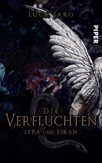 Das Buchcover zeigt einen dunklen Hintergrund mit einer beeindruckenden, detailreichen weißen Feder, die sich von den sanften, farbenfrohen Blumen abhebt. Die zentrale Schrift „Die Verfluchten“ in goldener, geschwungener Typografie vermittelt eine mystische Atmosphäre, während darunter der Titel „Lyra und Eskan“ in schlichteren Buchstaben steht. In der oberen Ecke ist der Name des Autors, „Luca Jaro“, platziert. Ein stilisierter Schlangenelement verleiht dem Cover zusätzliche Tiefe.