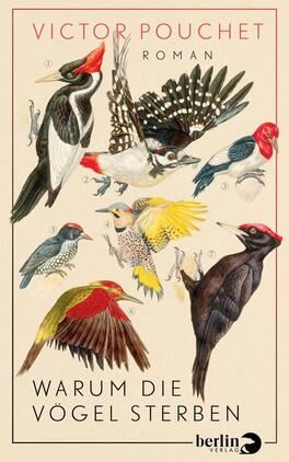 Das Buchcover zeigt eine detaillierte Illustration verschiedener Vogelarten, gekennzeichnet durch lebendige Farben und unterschiedliche Posen. Im oberen Bereich findet sich der Schriftzug „Victor Pouchet“ in eleganter Typografie, darunter steht „Roman“ in einer schmaleren Schriftart. Am unteren Rand hebt sich der Titel „WARUM DIE VÖGEL STERBEN“ klar ab. Der Hintergrund ist in sanften Farbtönen gehalten, wodurch die Vögel besonders zur Geltung kommen und eine nachdenkliche Atmosphäre schaffen.