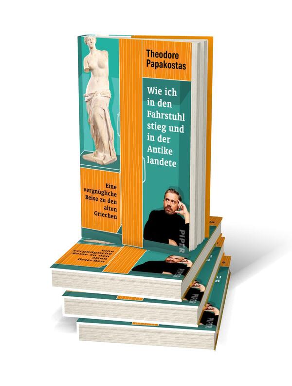 Bücherstapel des Buches „Wie ich in den Fahrstuhl stieg und in der Antike landete“