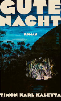 Das Buchcover zeigt eine nächtliche Landschaft in dunklen Blau‑ und Schwarztönen, oben groß der cremefarbene Titel „GUTE NACHT“ in blockiger, geometrischer Typografie. Mittig klein der Hinweis „ROMAN“. Im unteren Bildbereich ein von hellen, bunten Lichtern beleuchteter, tunnelartiger Hain mit einem winzigen, rückwärtig sichtbaren Auto. Unten der Autorname „TIMON KARL KALEYTA“ in gleicher Schrift wie der Titel. Atmosphärisch geheimnisvoll und leicht bedrohlich.