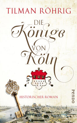 Das Buchcover zeigt einen historischen Hintergrund mit einer schematischen Darstellung der Stadt Köln. Im Vordergrund ist eine prächtige rote Krone auf einem Wappen platziert, das auf eine königliche Thematik hinweist. Der Titel „Die Könige von Köln“ ist in geschwungener, eleganter Schrift in Brauntönen gehalten. Darunter steht der Untertitel „Historischer Roman“ in kleinerer, schlichter Typografie. Eine Schlüsselillustration ergänzt das Design, das eine Atmosphäre von Geschichte und Tradition vermittelt.
