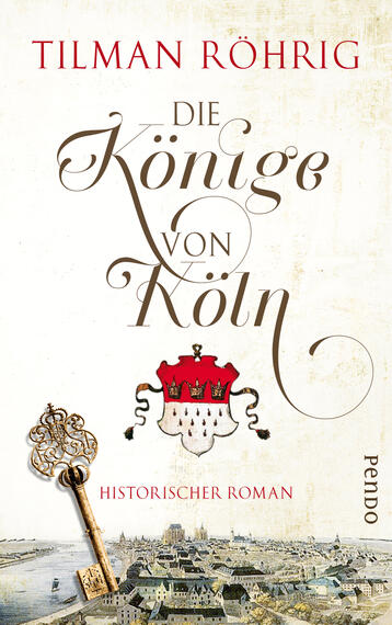 Das Buchcover zeigt einen historischen Hintergrund mit einer schematischen Darstellung der Stadt Köln. Im Vordergrund ist eine prächtige rote Krone auf einem Wappen platziert, das auf eine königliche Thematik hinweist. Der Titel „Die Könige von Köln“ ist in geschwungener, eleganter Schrift in Brauntönen gehalten. Darunter steht der Untertitel „Historischer Roman“ in kleinerer, schlichter Typografie. Eine Schlüsselillustration ergänzt das Design, das eine Atmosphäre von Geschichte und Tradition vermittelt.