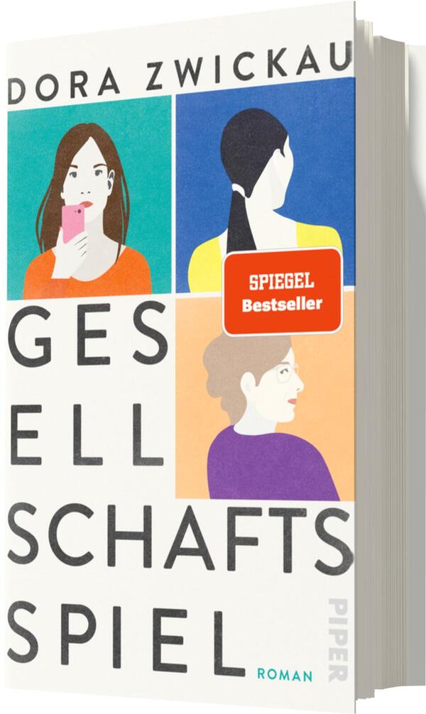 Das Buchcover zeigt ein grafisches Layout in klaren Farben mit vier stilisierten Porträts von Frauen. Die obere linke Figur mit einem Smartphone trägt ein oranges Oberteil, die obere rechte hat ein blaues Oberteil, während die untere linke Figur mit braunen Haaren einen violetten Pullover trägt und die untere rechte Figur in einem blassen Gelb abgebildet ist. Der Titel „GESSELLSCHAFTSSPIEL“ ist in großzügigen, schwarzen Buchstaben in der unteren Hälfte des Covers platziert. Oben steht der Name der Autorin „Dora Zwickau“.