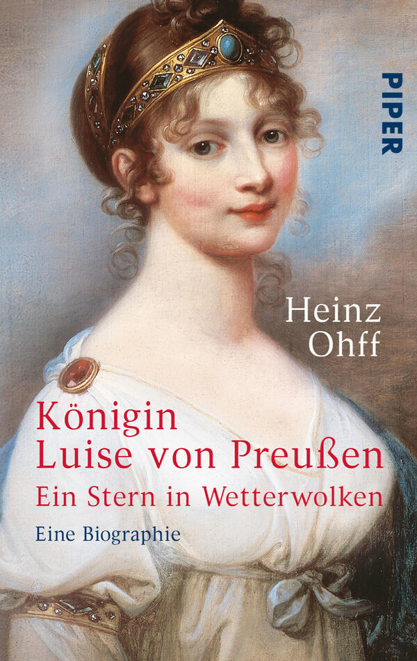 Das Buchcover zeigt ein Portrait einer historischen Frau mit sanften, rötlichen Haaren, die in einem eleganten Kleid gekleidet ist. Ihre Gesichtszüge strahlen Anmut aus, was durch den dezenten Hintergrund unterstützt wird. Der Titel „Königin Luise von Preußen“ ist in roter Schrift platziert, ergänzt durch den Untertitel „Ein Stern in Wetterwolken“ in kleinerer Schrift darunter. Oben rechts befindet sich das Verlagslogo „PIPER“. Der Autorennamen „Heinz Ohff“ ist ebenfalls gut lesbar in der oberen linken Ecke. Die Farben sind überwiegend in sanften, gedämpften Tönen gehalten, die eine nostalgische Atmosphäre vermitteln.
