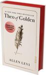 Das Buchcover zeigt einen hellcremefarbenen Hintergrund mit dünnem goldenen Rahmen, in der Mitte eine detaillierte dunkelbraune Federillustration. Oben klein „#1 NEW YORK TIMES BESTSELLER“, der Titel „Theo of Golden“ in großer Serifenschrift. Unter der Feder in kleiner Schrift „a novel“, unten der Autorenname „ALLEN LEVI“. Links ein runder hellblauer Aufkleber mit dem Text „ENGLISH EDITION by PIPER“. Elegante, ruhige Gestaltung.