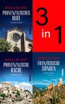 Das Buchcover zeigt vier Bildfelder: oben links eine Kirchenfassade vor tiefblauem Abendhimmel, unten links ein sonniges provenzalisches Bergdorf, unten rechts eine Burgruine auf sonnenbeschienenen Hügeln; rechts oben ein rotes Feld mit einem Button, darin der Text „3 in 1“. Titel in schmalen weißen Versalien, Autorenname NICOLE DE VERT in roten Versalien. Atmosphäre: mediterran, historisch und leicht rätselhaft.
