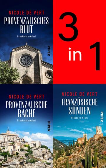 Das Buchcover zeigt vier Bildfelder: oben links eine Kirchenfassade vor tiefblauem Abendhimmel, unten links ein sonniges provenzalisches Bergdorf, unten rechts eine Burgruine auf sonnenbeschienenen Hügeln; rechts oben ein rotes Feld mit einem Button, darin der Text „3 in 1“. Titel in schmalen weißen Versalien, Autorenname NICOLE DE VERT in roten Versalien. Atmosphäre: mediterran, historisch und leicht rätselhaft.