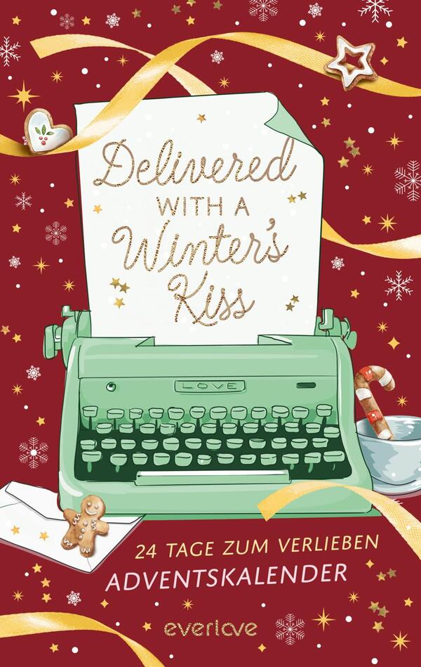 Das Buchcover zeigt einen roten Hintergrund, der mit weißen Schneeflocken und goldenen Sternen dekoriert ist. In der Mitte befindet sich eine alte Grün-schwarze Schreibmaschine mit einem Blatt, auf dem „Delivered with a Winter's Kiss“ in verspielter Schrift steht. Im unteren Bereich sind ein Gingerbreadmann und eine Tasse mit einer Zuckerstange abgebildet. Der Titel „24 Tage zum Verlieben“ ist ebenfalls gut sichtbar und vermittelt festliche Stimmung.
