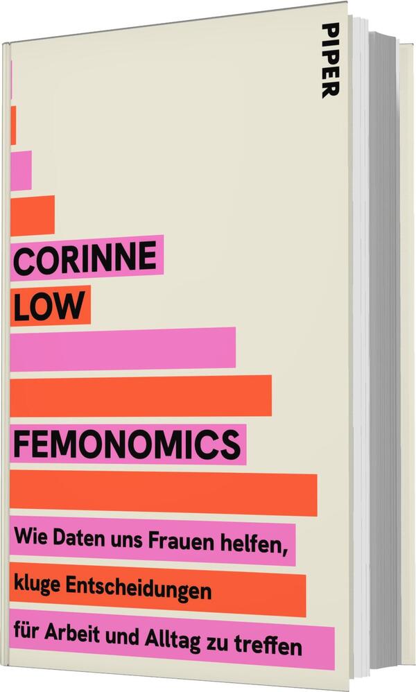 Das Buchcover zeigt einen hellen, beige Hintergrund, auf dem sich farbige Balken in verschiedenen Pink- und Rottönen abheben. Der Titel „Femonomics“ ist in großen, auffälligen, schwarzen Buchstaben platziert, während der Name der Autorin „Corinne Low“ ebenfalls in Schwarz, aber in kleinerer Schrift oberhalb des Titels steht. Der Untertitel „Wie Daten uns Frauen helfen, kluge Entscheidungen für Arbeit und Alltag zu treffen“ ist in einem klaren, schwarzen Schriftschnitt dargestellt. Das Gestaltungskonzept vermittelt eine moderne, dynamische Atmosphäre.