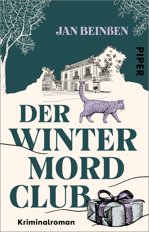 Das Buchcover zeigt in sanften Farben ein winterliches Szenario mit einem stilisierten, alten Gebäude im Hintergrund. Vorne läuft eine lila Katze, die den Blick auf sich zieht. Der Titel „DER WINTER MORD CLUB“ ist in großen, dunklen Buchstaben zentral platziert, darunter steht in kleinerer Schrift „Kriminalroman“. Oben links steht der Name des Autors „Jan Beinßen“. Die Atmosphäre ist geheimnisvoll und einladend zugleich, mit einem leicht verspielten Touch.