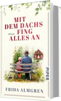 Das Buchcover zeigt eine cremefarbene, leicht strukturierte Fläche mit oben dekorativen grünen Ranken. Mittig steht der Titel „Mit dem Dachs fing alles an“ in großen, roten, serifenbetonten Versalien; daneben klein die handschriftliche Einordnung „Roman“. Darunter eine Aquarell-Illustration: ein älterer Mann mit Hut und ein Kind sitzen von hinten auf einer Bank, rechts ein rotes Haus, links ein Dachs. Unten Name der Autorin „Frida Almgren“ in blauer Serifenschrift. Stimmung: warm, nostalgisch, ländlich.