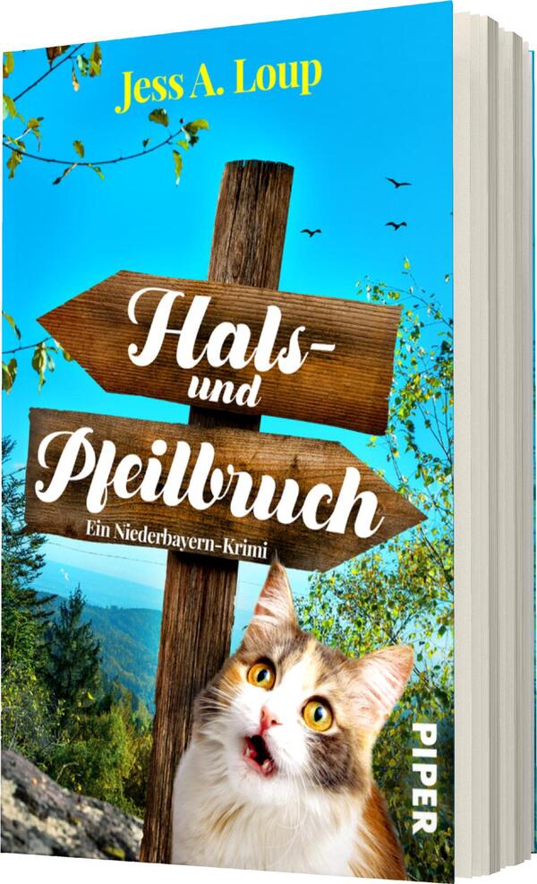Das Buchcover zeigt einen klaren blauen Himmel mit sanften grünen Hügeln im Hintergrund. Im Vordergrund befindet sich ein auffälliges, braunes Holzschild mit der Aufschrift „Hals- und Pfeilbruch“ in geschwungener, heller Schrift. Darunter steht in kleinerer Schrift „Ein Niederbayern-Krimi“. Eine neugierig schauende Katze mit gemustertem Fell zieht die Blicke auf sich. Der Verlag erscheint in der unteren rechten Ecke in dezentem Weiß.
