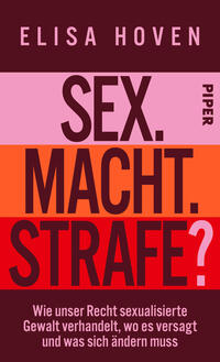 Das Buchcover zeigt den Namen der Autorin Elisa Hoven oben in Großbuchstaben auf einem dunkelweinroten Streifen. Drei breite, kontrastierende Farbbänder in Rosa, Orange und Rot tragen die großen, kräftigen Titelschlagworte „SEX.“, „MACHT.“ und „STRAFE?“ in dunkler Grotesk‑Typografie, das Fragezeichen in Hellrosa. Unten steht die Unterzeile in kleiner heller Schrift: „Wie unser Recht sexualisierte Gewalt verhandelt, wo es versagt und was sich ändern muss“. Insgesamt wirkt das Cover nüchtern und eindringlich.