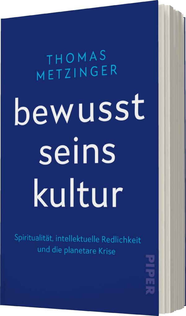 Das Buchcover zeigt einen tiefblauen Hintergrund, der eine ruhige und nachdenkliche Atmosphäre vermittelt. In der oberen Mitte steht der Name des Autors „THOMAS METZINGER“ in hellblauen, modernen Buchstaben. Darunter ist der Titel „bewusst seins kultur“ in großzügiger, weißer Schrift platziert. Am unteren Rand findet sich der Untertitel „Spiritualität, intellektuelle Redlichkeit und die planetare Krise“ in kleinerer, weißer Schrift. Das Cover spiegelt thematische Tiefe und Reflexion wider.