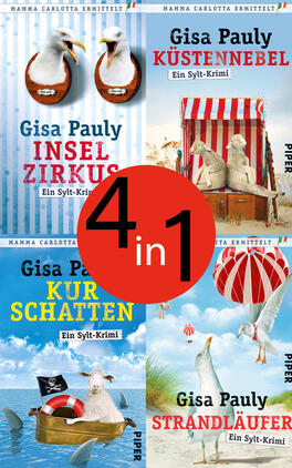 Das Buchcover zeigt vier nebeneinander angeordnete, maritime Titelmotive: zwei Möwenköpfe als Trophäen, ein rot-weiß gestreifter Strandkorb mit zwei Seehunden, ein Schaf im Rettungsring mit Piratenflagge und eine Möwe unter einem rot-weißen Ballon. Farbpalette dominiert Blau, Rot und Weiß; Titelschriften groß, fett und farbig. Autor: Gisa Pauly. Aufkleber: roter Kreis mit dem Text „4 in 1“. Atmosphäre küstennah, leicht humoristisch.