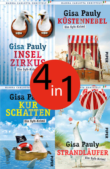 Das Buchcover zeigt vier nebeneinander angeordnete, maritime Titelmotive: zwei Möwenköpfe als Trophäen, ein rot-weiß gestreifter Strandkorb mit zwei Seehunden, ein Schaf im Rettungsring mit Piratenflagge und eine Möwe unter einem rot-weißen Ballon. Farbpalette dominiert Blau, Rot und Weiß; Titelschriften groß, fett und farbig. Autor: Gisa Pauly. Aufkleber: roter Kreis mit dem Text „4 in 1“. Atmosphäre küstennah, leicht humoristisch.