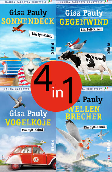 Das Buchcover zeigt eine Collage aus vier quadratischen, maritimen Romancovern in kräftigem Blau: oben links ein Schaf mit Sonnenbrille und rot-weißem Schal auf dem Sonnendeck, oben rechts eine von Möwen umkreiste Kuh, unten links ein roter Oldtimer mit Möwe, unten rechts Möwen beim Surfen. Autorname „Gisa Pauly“ groß, Titelschriften in kräftigem Gelb, auf weißen Banderolen „Ein Sylt-Krimi“. Roter Aufkleber mit dem Text „4 in 1“. Heitere, sommerliche Stimmung.