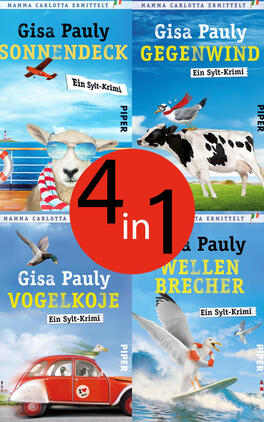 Das Buchcover zeigt eine Collage aus vier quadratischen, maritimen Romancovern in kräftigem Blau: oben links ein Schaf mit Sonnenbrille und rot-weißem Schal auf dem Sonnendeck, oben rechts eine von Möwen umkreiste Kuh, unten links ein roter Oldtimer mit Möwe, unten rechts Möwen beim Surfen. Autorname „Gisa Pauly“ groß, Titelschriften in kräftigem Gelb, auf weißen Banderolen „Ein Sylt-Krimi“. Roter Aufkleber mit dem Text „4 in 1“. Heitere, sommerliche Stimmung.