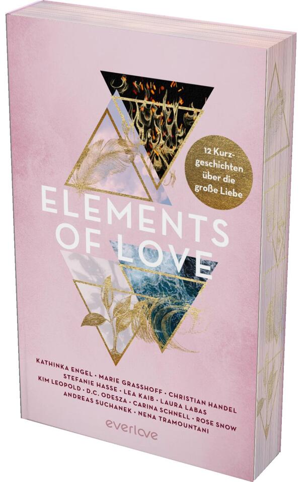 Das Buchcover zeigt einen sanften, rosafarbenen Hintergrund mit geometrischen Elementen in verschiedenen Farben und Mustern. Im oberen Teil sind ein schwarzes Dreieck und ein gefülltes, graues Dreieck mit Wellen- und Pflanzenmustern zu sehen, die sich stilvoll überlagern. Der Titel „ELEMENTS OF LOVE“ steht in großen, weißen Buchstaben in der Mitte und ist von Pflanzenmotiven umrahmt. In einem gelben Kreis wird der Untertitel „12 Kurzgeschichten über die große Liebe“ hervorgehoben. Am unteren Rand sind die Namen der Autoren aufgelistet.