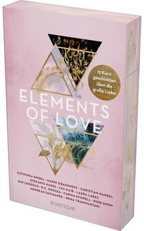 Das Buchcover zeigt einen sanften, rosafarbenen Hintergrund mit geometrischen Elementen in verschiedenen Farben und Mustern. Im oberen Teil sind ein schwarzes Dreieck und ein gefülltes, graues Dreieck mit Wellen- und Pflanzenmustern zu sehen, die sich stilvoll überlagern. Der Titel „ELEMENTS OF LOVE“ steht in großen, weißen Buchstaben in der Mitte und ist von Pflanzenmotiven umrahmt. In einem gelben Kreis wird der Untertitel „12 Kurzgeschichten über die große Liebe“ hervorgehoben. Am unteren Rand sind die Namen der Autoren aufgelistet.