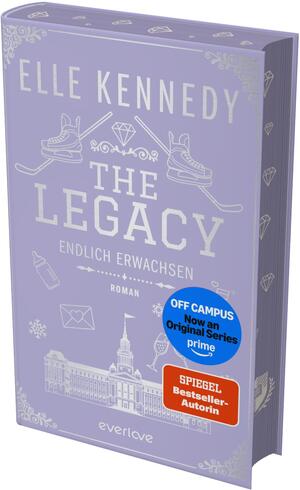 Das Buchcover zeigt ein nahezu weißes, minimalistisches Design mit großer, schwarzer, schmaler serifenloser Schrift für den Titel „THE LEGACY“, darüber in etwas kleinerer schwarzer Großschrift der Autorinnenname „ELLE KENNEDY“ und darunter die Unterzeile „ENDLICH ERWACHSEN“. Ein diagonales rotes Banner oben rechts trägt in weißer Großschrift „VORLÄUFIGES COVER“. Die Gestaltung wirkt kühl, modern und nüchtern.