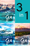 Das Buchcover zeigt eine dreiteilige Einbandcollage: links oben ein türkis-blaues Meer mit Bergen im Hintergrund und dem Titel „Stronger Than the Sea“, links unten stürmisches Blau mit fliegendem Vogel und „Deeper Than the Sea“, rechts eine rosé-orangen beleuchtete Berglandschaft über einem Fluss mit „Wilder Than the Sea“. Großes weißes, handschriftliches „Sea“-Schriftzug, Autorname Anna Augustin oben, rechts ein türkisfarbener Kasten mit „3 in 1“.