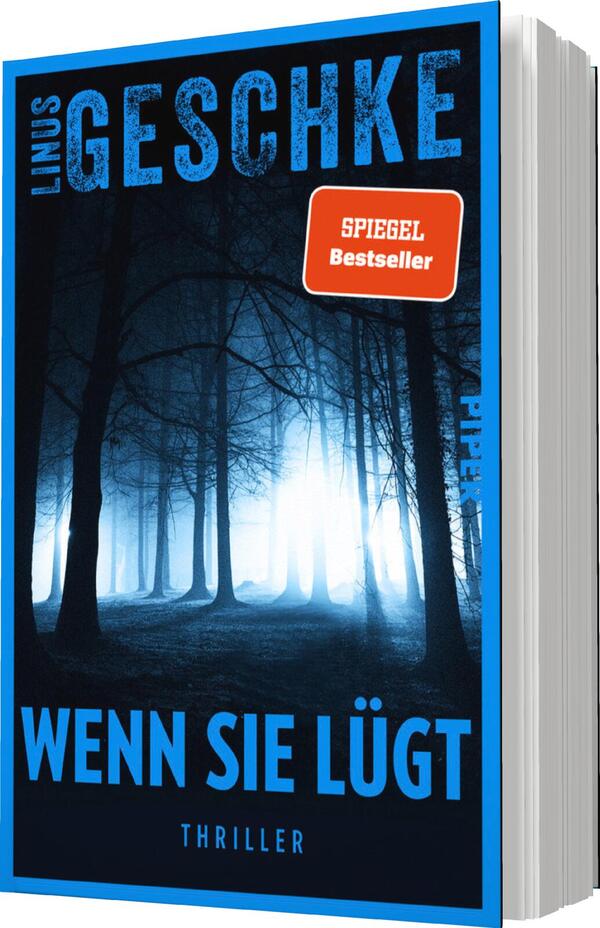 Das Buchcover zeigt einen düsteren Wald mit nebligen Bäumen, der eine mysteriöse Atmosphäre vermittelt. Die Farbgebung ist in verschiedenen Blau- und Grautönen gehalten, während ein helles Licht im Hintergrund schimmert. Der Titel „WENN SIE LÜGT“ ist in großen, markanten weißen Buchstaben hervorgehoben. Darunter steht in kleineren, weißen Buchstaben das Wort „THRILLER“. Der Name des Autors, Linus Geschke, ist prominent oben platziert. Ein rotes Aufkleber-Label weist auf den „SPIEGEL Bestseller“ hin.