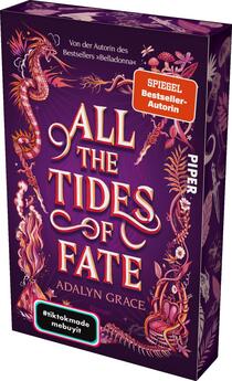 Das Buchcover zeigt einen farbenfrohen, fantastischen Hintergrund in verschiedenen Lila- und Pinktönen. Im Vordergrund sind stilisierte, geschwungene Elemente und mystische Kreaturen abgebildet. Der Titel „ALL THE TIDES OF FATE“ ist in einer eleganten, geschwungenen Schrift in Weiß und Rosa zentral platziert, darunter der Autorenname Adalyn Grace in Weiß. Oben rechts befindet sich ein rotes Label mit der Aufschrift „SPIEGEL Bestseller-Autorin“. Unten links ist ein graues Hashtag mit dem Text „#tiktokmade mebuyit“ zu sehen.