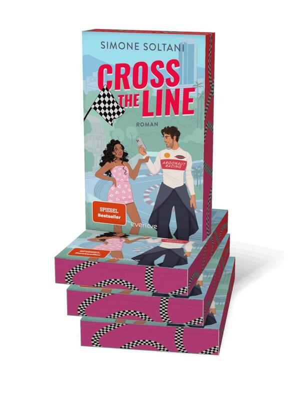 Außenansicht des Buches „Cross the Line – Auf der Rennstrecke kämpft er um den Sieg, im Leben um ihr Herz“