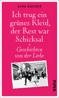 Das Buchcover zeigt einen kräftigen rosa Hintergrund. Der Titel „Ich trug ein grünes Kleid, der Rest war Schicksal“ ist in großen, weißen Buchstaben platziert, ergänzt durch den Untertitel „Geschichten von der Liebe“, der in kleinerer Schrift etwas darunter steht. Oben links ist der Name der Autorin „Gina Bucher“ in schwarzer Schrift zu sehen. In der unteren Hälfte des Covers befindet sich eine schwarz-weiße Fotografie, die eine Straßenszene zeigt, mit mehreren Spaziergängern in historischer Kleidung.