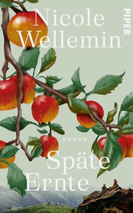 Das Buchcover zeigt eine reichhaltige Illustration von leuchtend roten Äpfeln, die an einem Ast hängen, umgeben von grünen Blättern. Der Hintergrund ist in sanften, hellen Grüntönen gehalten. Oben steht der Name der Autorin „Nicole Wellemin“ in klarer, weißer Schrift. Darunter ist der Titel „Späte Ernte“ ebenfalls in weißer Schrift, prominent platziert, während das Wort „Roman“ kleiner und in derselben Schriftart unter dem Titel erscheint. Die Gesamtatmosphäre vermittelt einen frischen und natürlichen Eindruck.