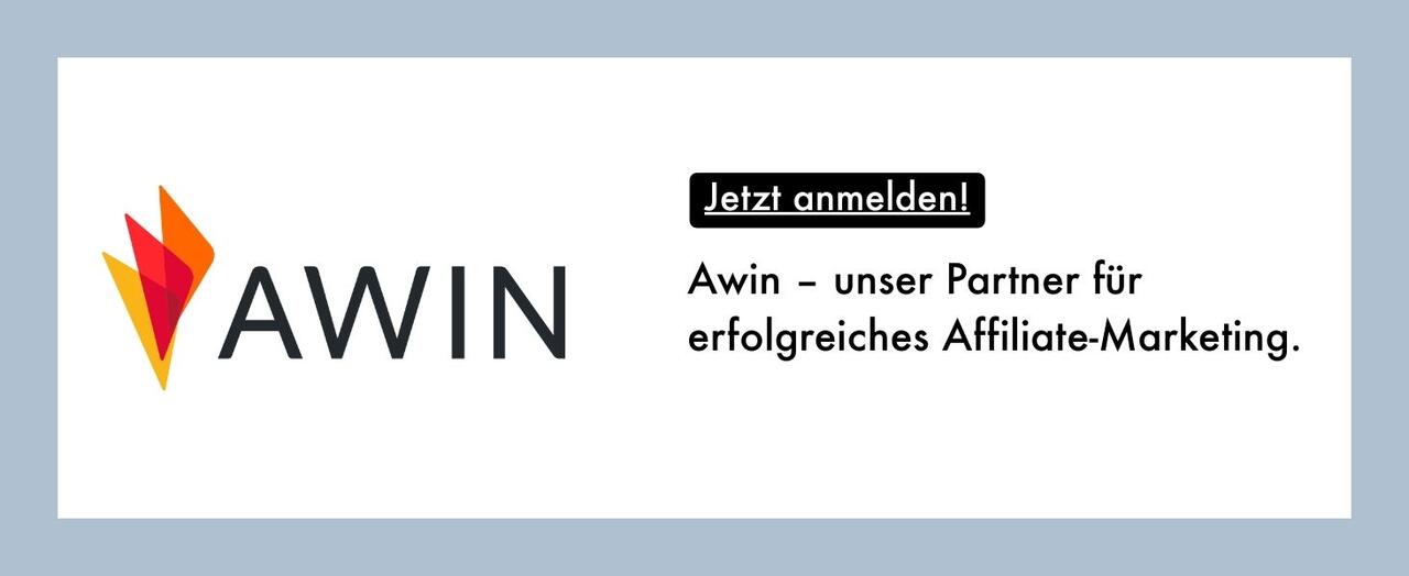 Awin-Logo, daneben ein Button "Jetzt anmelden" sowie der Text „Awin – unser Partner für erfolgreiches Affiliate-Marketing."