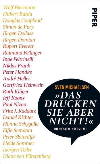 Das Buchcover zeigt eine klare, moderne Gestaltung mit einem überwiegenden Weißhintergrund. Zentrale Elemente sind die Namen verschiedener Autoren in unterschiedlichen Schriftarten und Farben, die in zwei Spalten angeordnet sind. Auf der linken Seite sind die Namen in Gelb und Rot hervorgehoben. Im unteren Bereich befindet sich ein schwarzes, rundes Element mit dem Titel „DAS DRUCKEN SIE ABER NICHT!“ in auffälliger, weißer Schrift. Darunter steht „DIE BESTEN INTERVIEWS“ in kleinerer Schrift. Der Verlag ist in schwarzer Schrift am oberen Rand platziert.