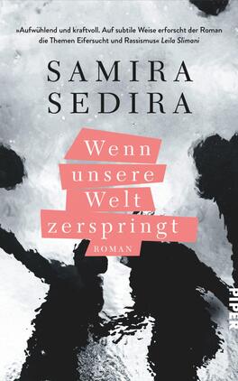 Das Buchcover zeigt einen abstrakten, schwarz-weißen Hintergrund, der an eine zerbrochene oder fragmentierte Fläche erinnert. In der Mitte des Covers befindet sich ein pinkfarbener, dreieckiger Kasten mit dem Titel „Wenn unsere Welt zerspringt“ in auffälliger, weißer Schrift. Der Autorname „Samira Sedira“ steht elegant in schwarzer Schrift am oberen Rand. Die Atmosphäre ist intensiv und nachdenklich, unterstützt durch die dynamische Komposition und die Kontraste der Farben.