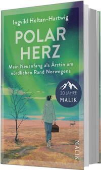 Das Buchcover zeigt eine Person von hinten in einem hellgrünen Mantel, die über eine karge, rötlich-bräunliche Tundra zum Horizont geht und eine dunkle Tasche trägt. Darüber leuchtet ein intensives grünes Polarlicht vor tiefblauem Himmel, begleitet von Sternen. Titel „POLARHERZ“ in großen weißen Großbuchstaben, Autorin Ingvild Holtan-Hartwig und der Untertitel in kleinerer weißer serifenloser Schrift. Stimmung: still, hoffnungsvoll, nordisch.