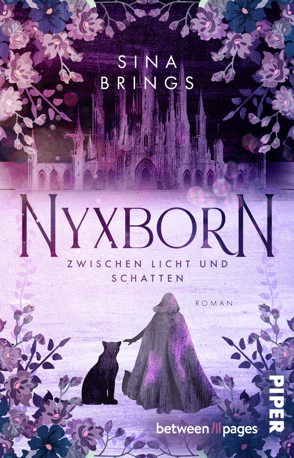 Das Buchcover zeigt eine violett-pinke, florale Szenerie mit einer nebelverhangenen gotischen Kathedrale im Hintergrund. Vorne steht eine in einen Umhang gehüllte Gestalt mit Koffer, neben ihr eine sitzende schwarze Katze. Titel „Nyxborn“ groß in eleganter Serifenschrift, darunter „Zwischen Licht und Schatten“ und Autorin „Sina Brings“ in versaler Fließschrift. Stimmung: geheimnisvoll, märchenhaft-düster. Verlagslogo nicht beschrieben.