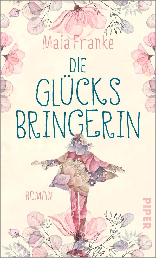 Das Buchcover zeigt eine filigrane Darstellung einer Frau mit ausgebreiteten Armen, deren Körper aus bunten Blumen und Blattmotiven besteht. Der Hintergrund ist in sanften, hellen Farbtönen gehalten. Über der Figur steht in geschwungener Typografie der Titel „Die Glücksbringerin“, während darunter „Roman“ in schlichter Schrift zu lesen ist. Oben links befindet sich der Name der Autorin, Maia Franke, ebenfalls in einer verspielten Schrift. Die Atmosphäre des Covers vermittelt Leichtigkeit und Lebensfreude.